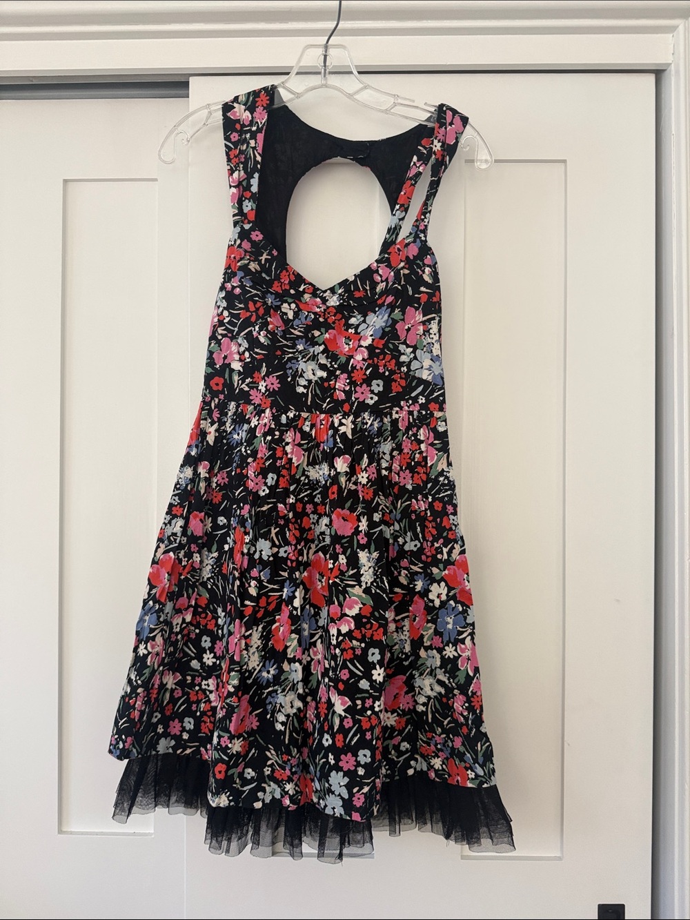 Free People Black Floral Sleeveless Womens  Dress with Tulle Trim
